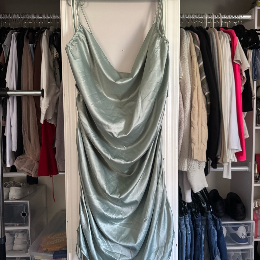 Fashion Nova Green Asymmetrical Ruched Slip Dress